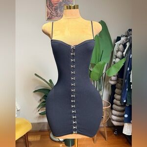 Black Ribbed Bodycon Dress with Hook Details